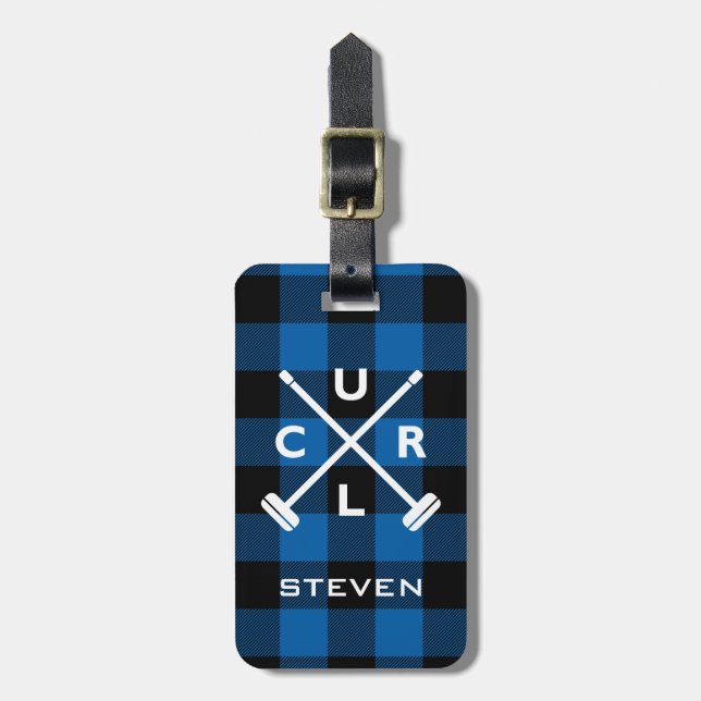 Buffalo Plaid Crossed Brooms Luggage Tag - Blue (Front Vertical)