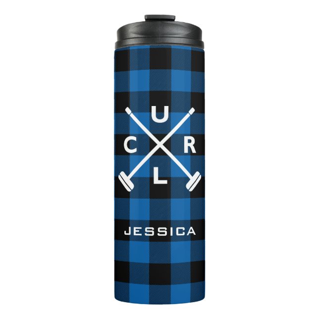 Buffalo Plaid Crossed Brooms Thermal Tumbler Blue (Front)