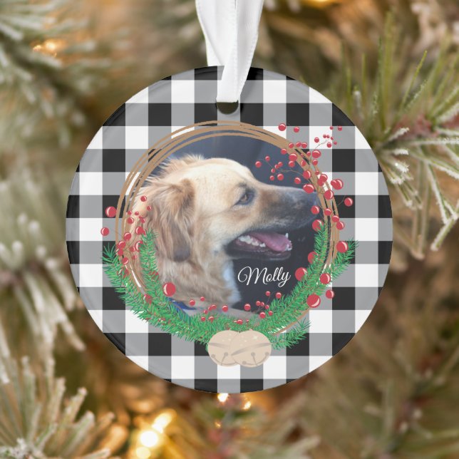 Buffalo Plaid Custom Dog Photo Acrylic Ornament (Tree)