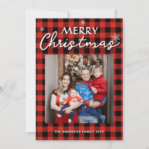 Buffalo Plaid Custom Photo & Name Merry Christmas Holiday Card