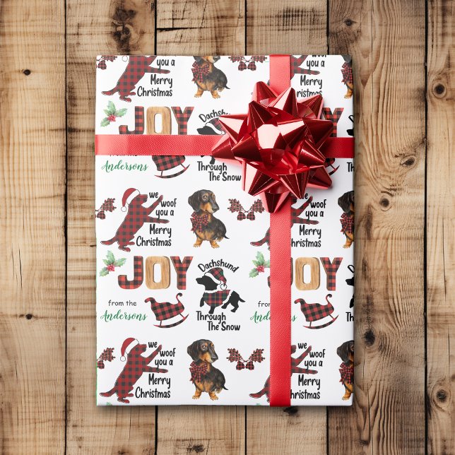 Buffalo Plaid Dachshund Dog Christmas Joy Wrapping Paper (Creator Uploaded)