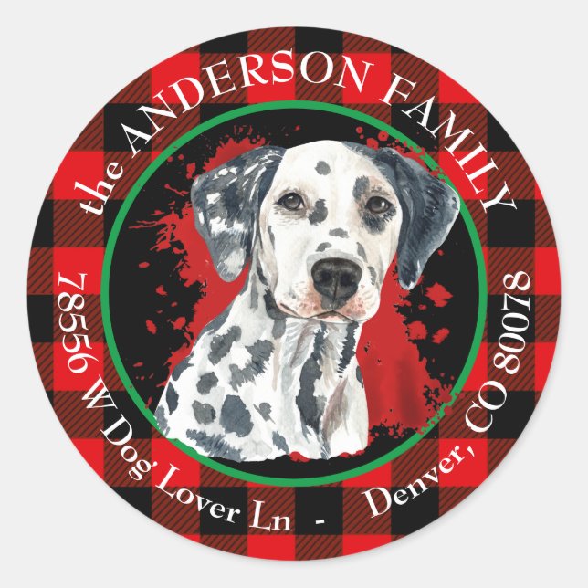 Buffalo Plaid Dalmatian Dog Return Address Classic Round Sticker (Front)