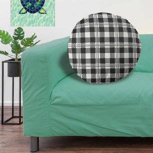 Buffalo Plaid Dark Grey and Buttercream Plain Round Pillow