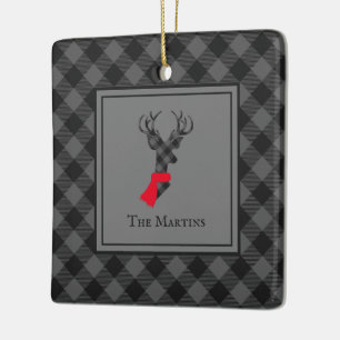 Buffalo Plaid Deer Grey Personalized Christmas Ceramic Ornament