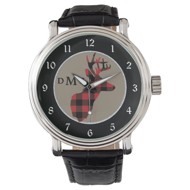 Buffalo Plaid Deer Head Monogram Watch (Front)