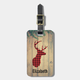 Buffalo Plaid Deer Head on Faux Wood Luggage Tag