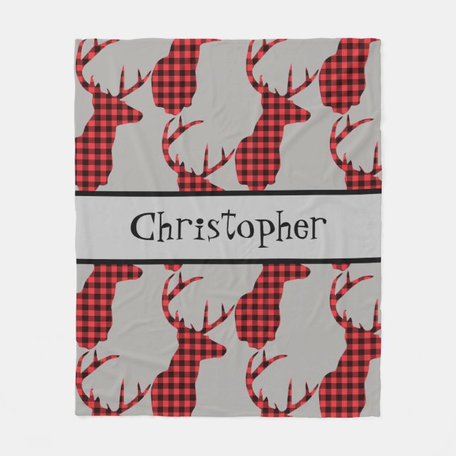 Buffalo Plaid Deer Head Red Black Baby Boy Fleece Blanket (Front)