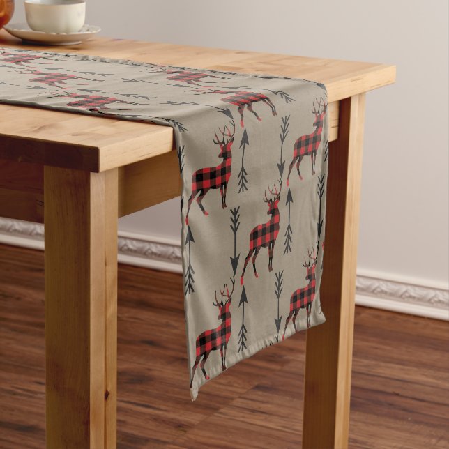 Buffalo Plaid Deer on Tan Medium Table Runner (In Situ)