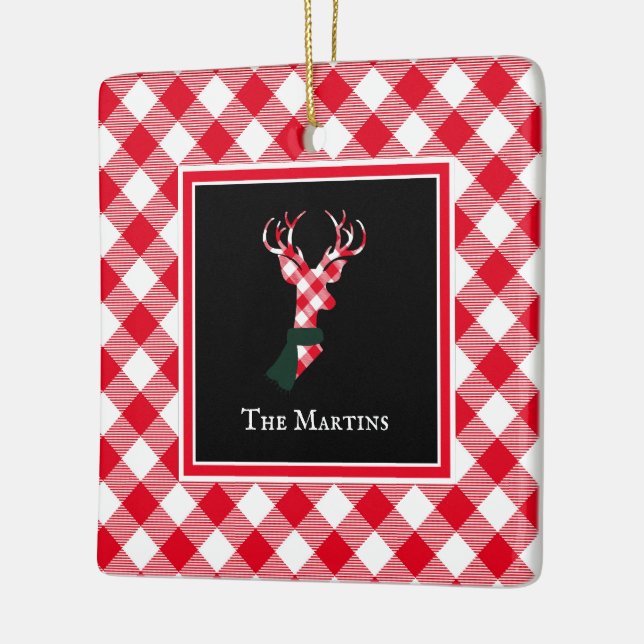 Buffalo Plaid Deer Personalized Christmas Ceramic Ornament (Left)