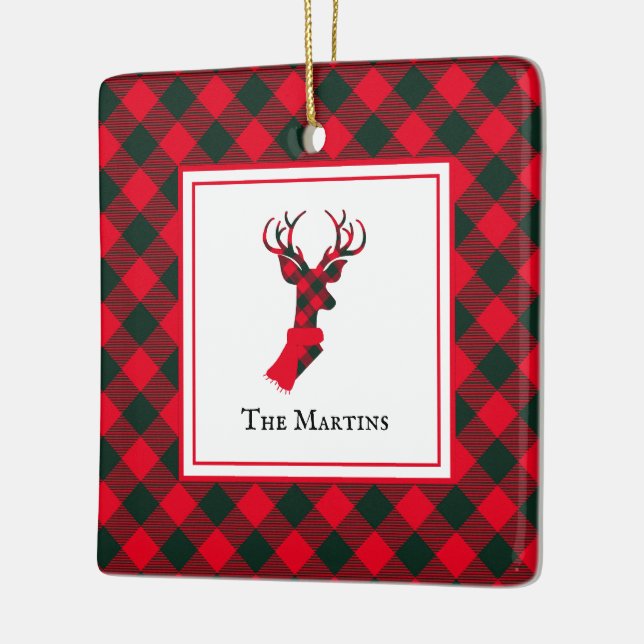 Buffalo Plaid Deer Red Personalized Christmas Ceramic Ornament (Left)
