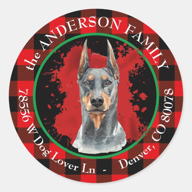 Buffalo Plaid Doberman Pinscher Return Address Classic Round Sticker (Front)