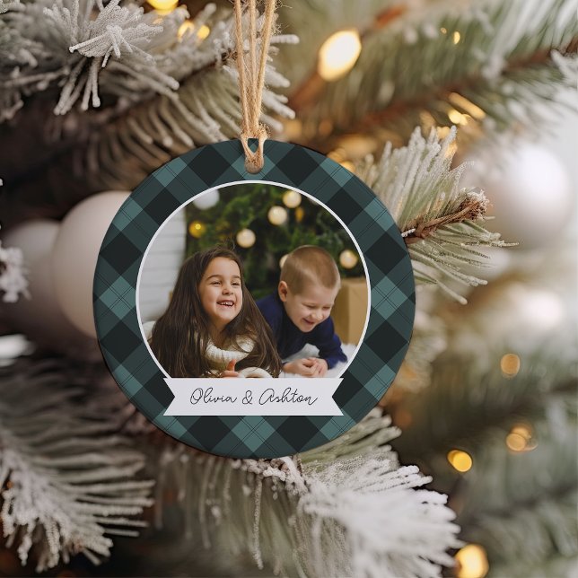 Buffalo Plaid Double Sided Personalized Photo Ceramic Ornament (Creator Uploaded)