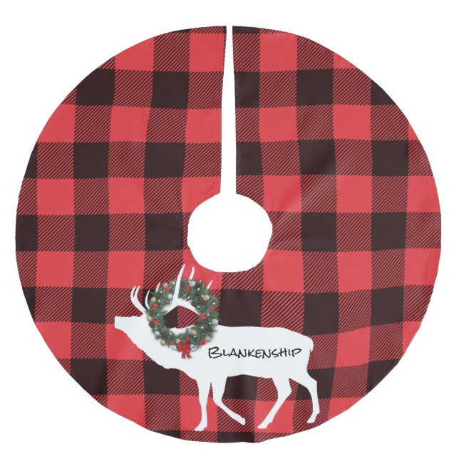 Buffalo Plaid Elk Silhouette Wreath Custom Name Brushed Polyester Tree Skirt (Front)