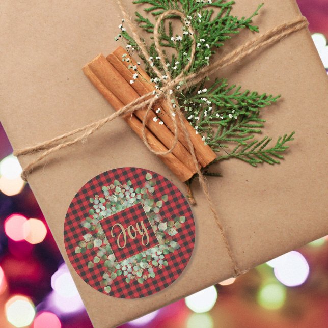 Buffalo Plaid Eucalyptus Custom Name Message Classic Round Sticker (Creator Uploaded)