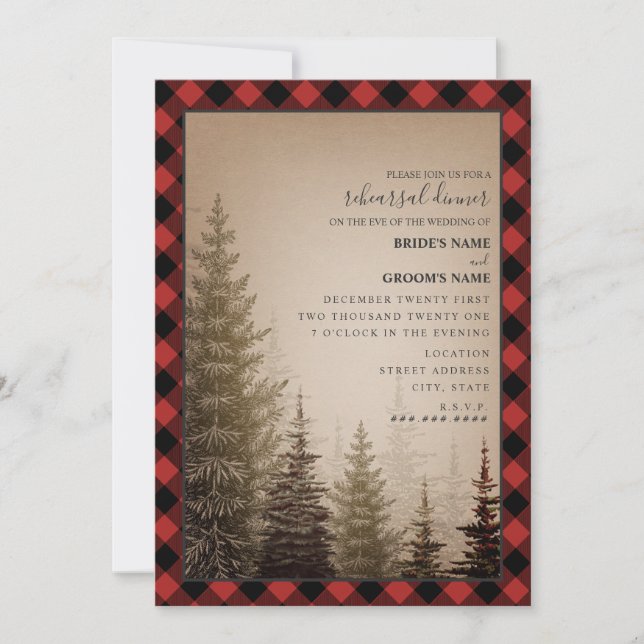 Buffalo Plaid Evergreen Wedding Rehearsal Dinner Invitation (Front)