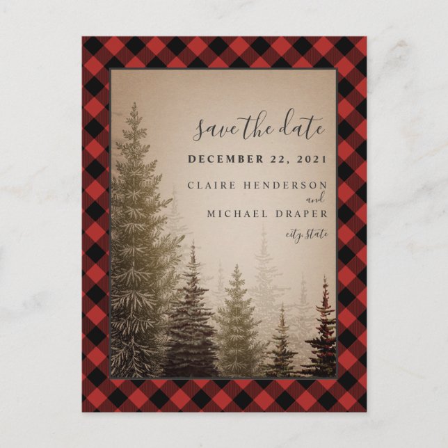 Buffalo Plaid Evergreen Wedding Save The Date Announcement Postcard (Front)