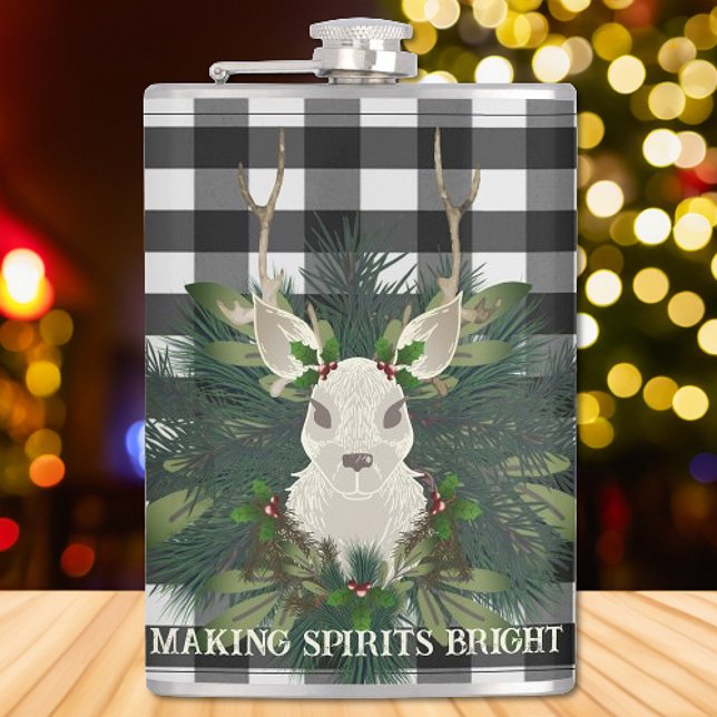Buffalo Plaid Festive Reindeer Christmas Hip Flask (Buffalo Plaid Festive Reindeer Christmas Flask)