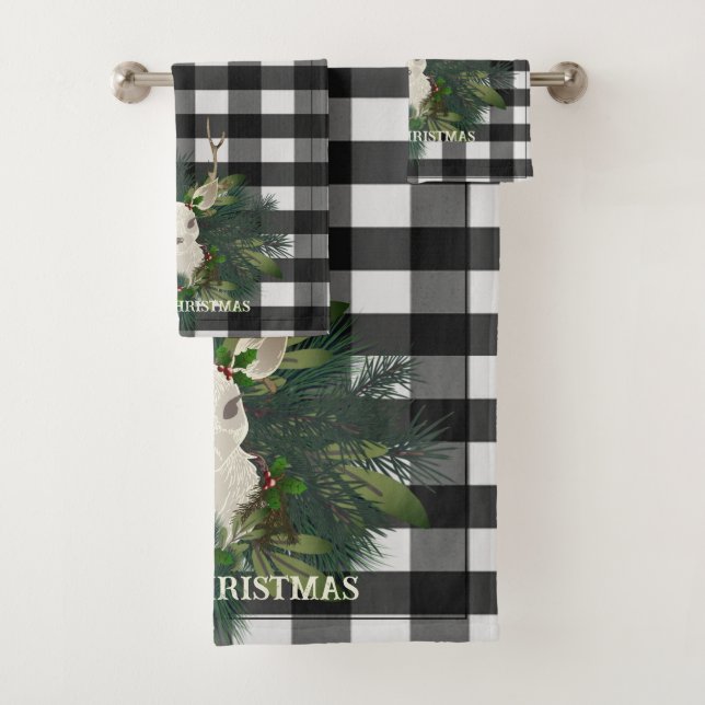 Buffalo Plaid Festive Reindeer Christmas Holiday Bath Towel Set (Insitu)