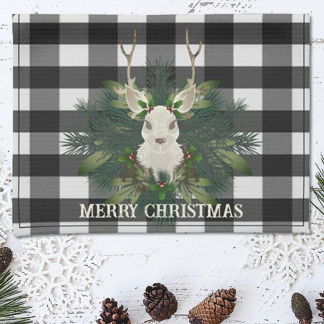 Buffalo Plaid Festive Reindeer Christmas Holiday Kitchen Towel (Creator Uploaded)