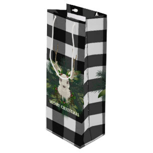Buffalo Plaid Festive Reindeer Christmas Holiday Wine Gift Bag
