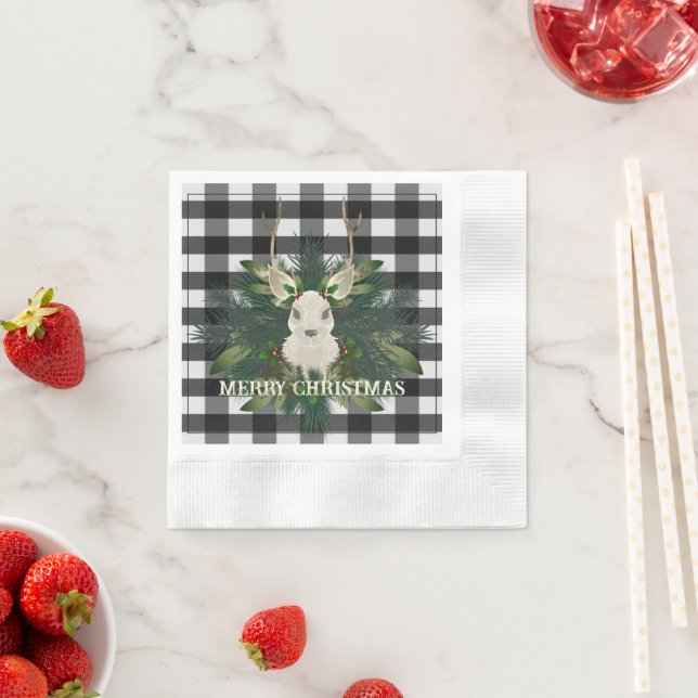 Buffalo Plaid Festive Reindeer Christmas Napkin (Insitu)