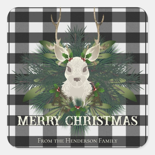 Buffalo Plaid Festive Reindeer Christmas Square Sticker (Front)