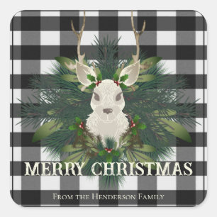 Buffalo Plaid Festive Reindeer Christmas Square Sticker
