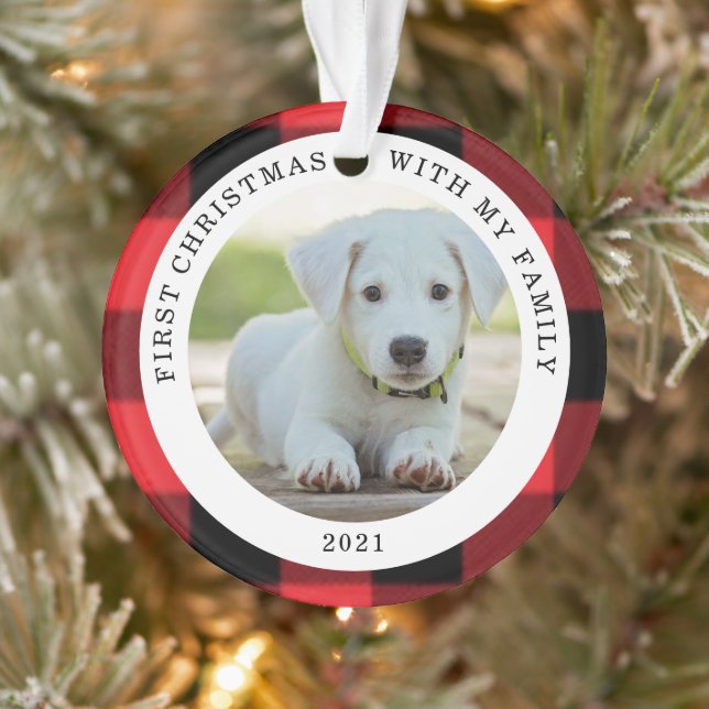 Buffalo Plaid First Christmas Photo ornament (Arbre)