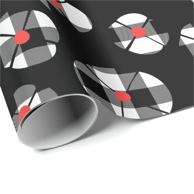 Buffalo Plaid Flower On Black Wrapping Paper (Roll Corner)