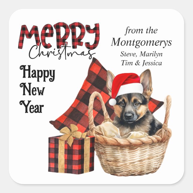 Buffalo Plaid German Shepherd Puppy Christmas Square Sticker (Front)