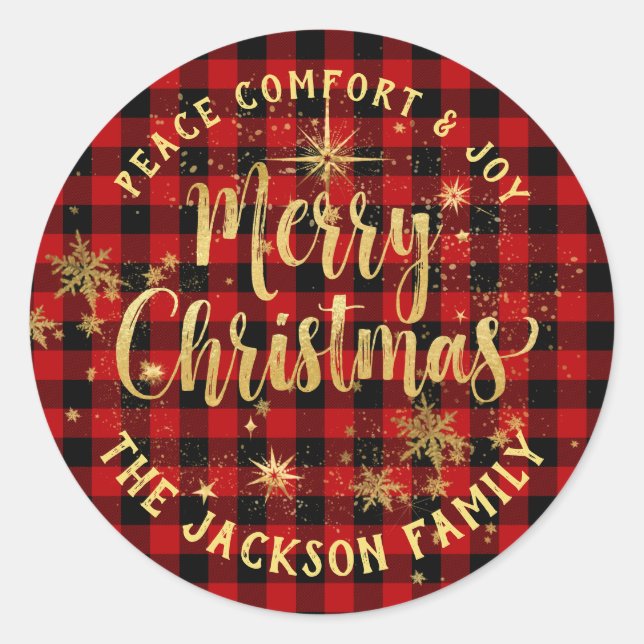 Buffalo Plaid Gold Calligraphy Merry Christmas Classic Round Sticker (Front)