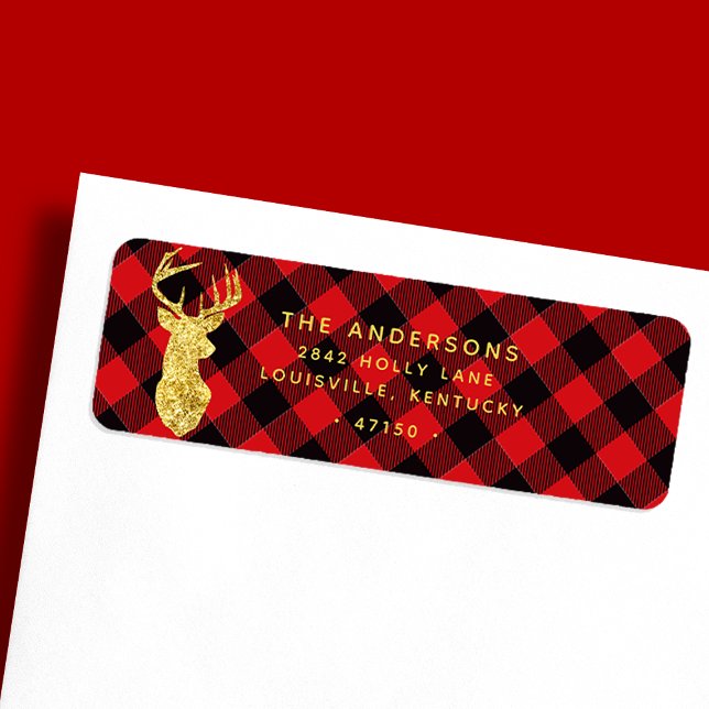 Buffalo Plaid Gold Deer Head Étiquette de adresse  (Créateur téléchargé)