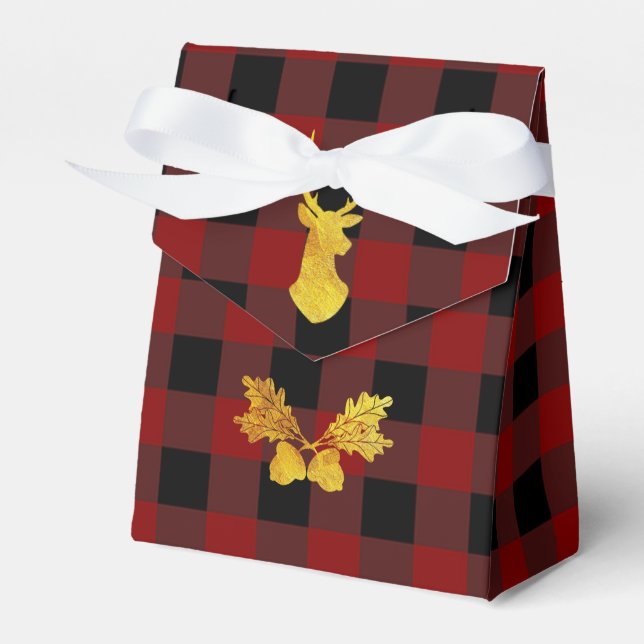 Buffalo Plaid Gold Foil Christmas Deer Favor Box (Front Side)