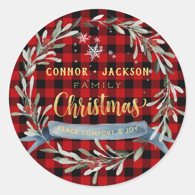 Buffalo Plaid & Gold Script Family Christmas Sign Classic Round Sticker (Front)
