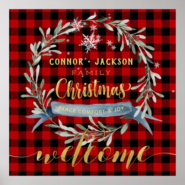Buffalo Plaid Gold Script Family Christmas Welcome Poster (Front)