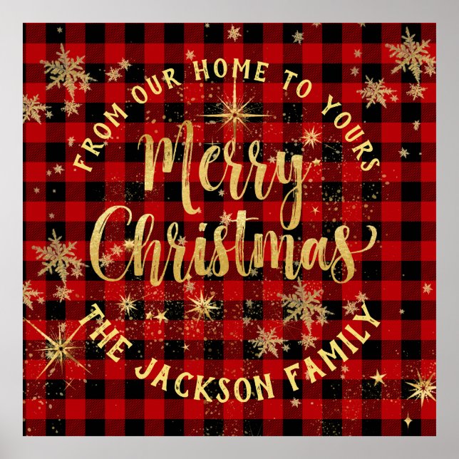 Buffalo Plaid Gold Script Family Merry Christmas Poster (Front)
