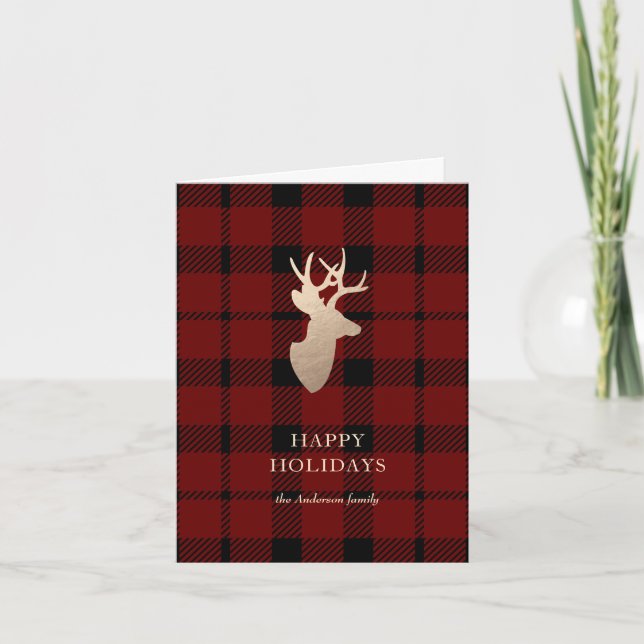 Buffalo Plaid Golden Deer Holiday Carte photo (Devant)