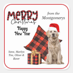 Buffalo Plaid Golden Retriever Christmas Square Sticker