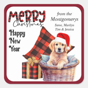 Buffalo Plaid Golden Retriever Puppy Christmas Square Sticker