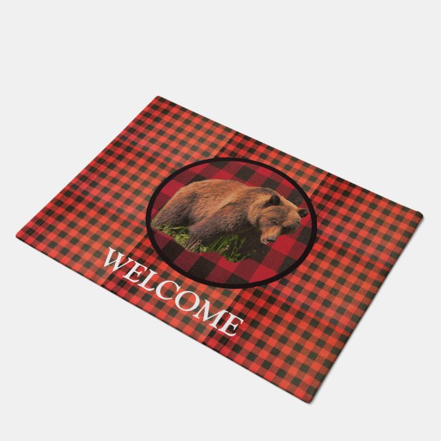 Buffalo Plaid Grizzly Bear Welcome Doormat (Angled)
