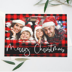  Buffalo Plaid Grunge Personalized Photo Christmas Holiday Card