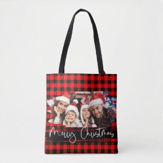 Buffalo Plaid Grunge Personalized Photo Christmas Tote Bag