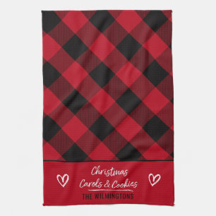 Buffalo Plaid Heart Christmas Carols and Cookies Kitchen Towel