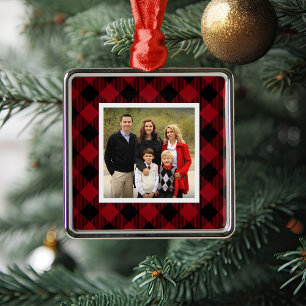 Buffalo Plaid Holiday Photo Metal Ornament