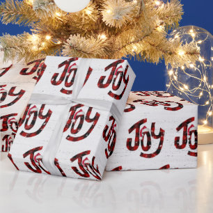 Buffalo Plaid Joy On Whitewashed Wood  Wrapping Paper