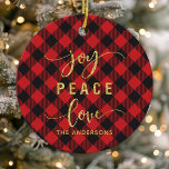 Buffalo Plaid Joy Peace Love Monogram Christmas Ceramic Ornament<br><div class="desc">Buffalo Plaid Joy Peace Love Monogram Christmas Ceramic Ornament</div>