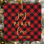Buffalo Plaid Joy Peace Love Monogram Christmas Ceramic Ornament<br><div class="desc">Buffalo Plaid Joy Peace Love Monogram Christmas Metal Ornament</div>