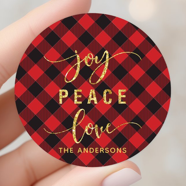 Buffalo Plaid Joy Peace Love Monogram Classic Round Sticker (Creator Uploaded)