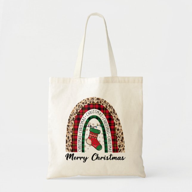 Buffalo Plaid & Leopard Print Rainbow Tote Bag (Front)