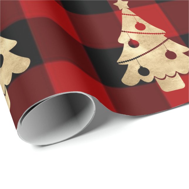 Buffalo Plaid Lomberjack Christmas Tree Gold Wrapping Paper (Roll Corner)